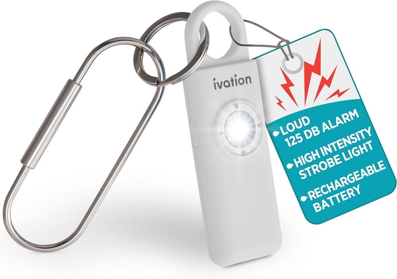 Ivation Personal Rechargeable SOS Alarm, Pocket Size Loud 130dB Sound Safety Siren & LED Panic Strobe Light with Carabiner Keychain Clip for Women, Children & Seniors, White - Image 1